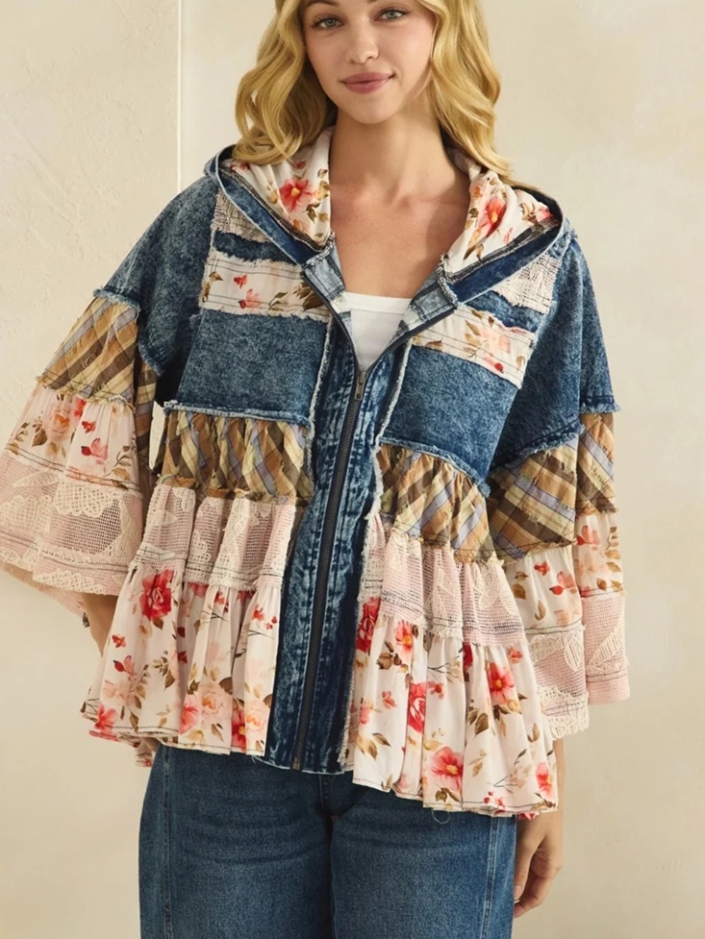 Oli & Hali Floral Plaid Print Mineral Wash Denim Loose Fit Hoodie jacket Shacket - Picture 2 of 7